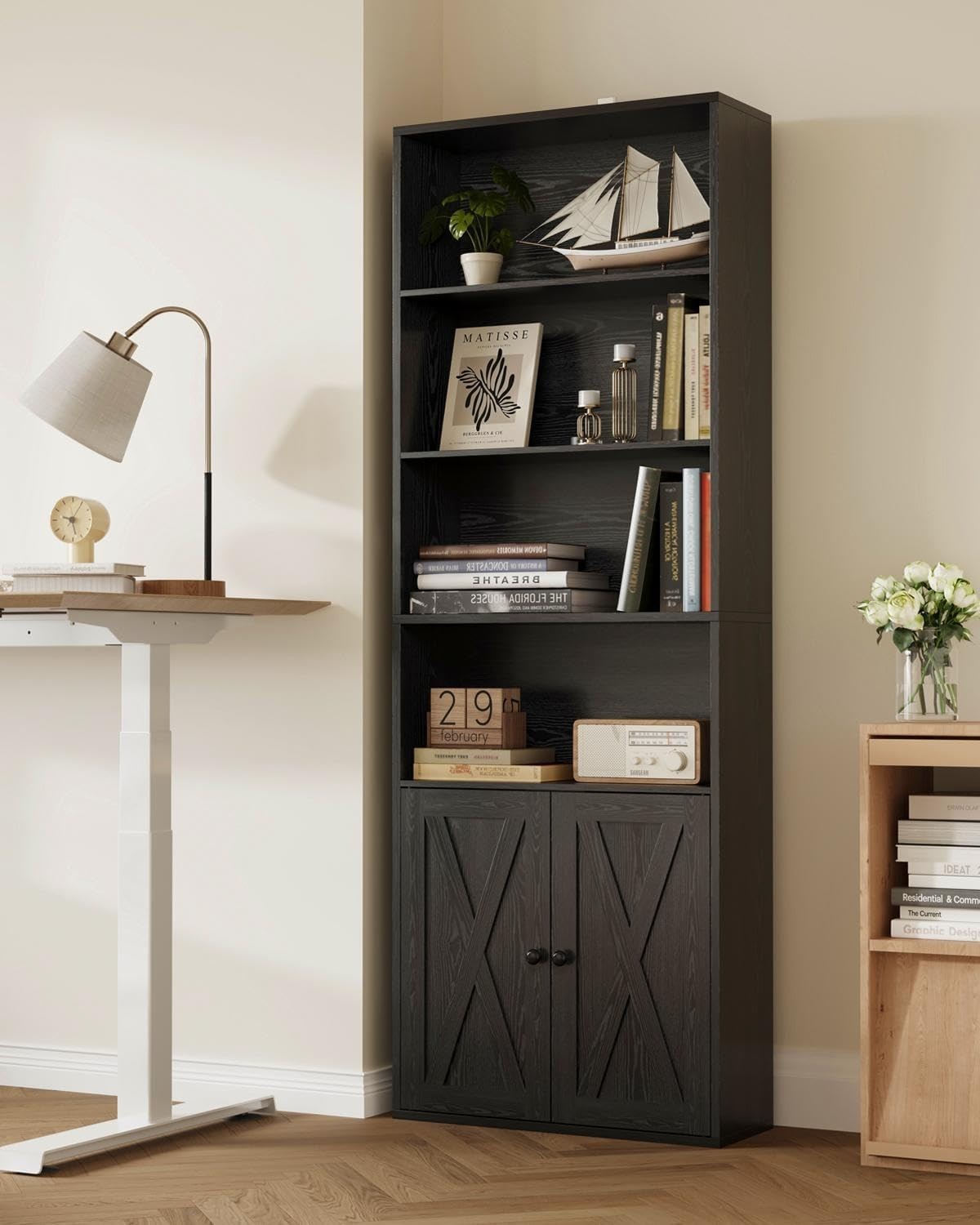 6 Tier Tall Black Bookcase with Doors Storage Display Shelf 60x23.5x180cm