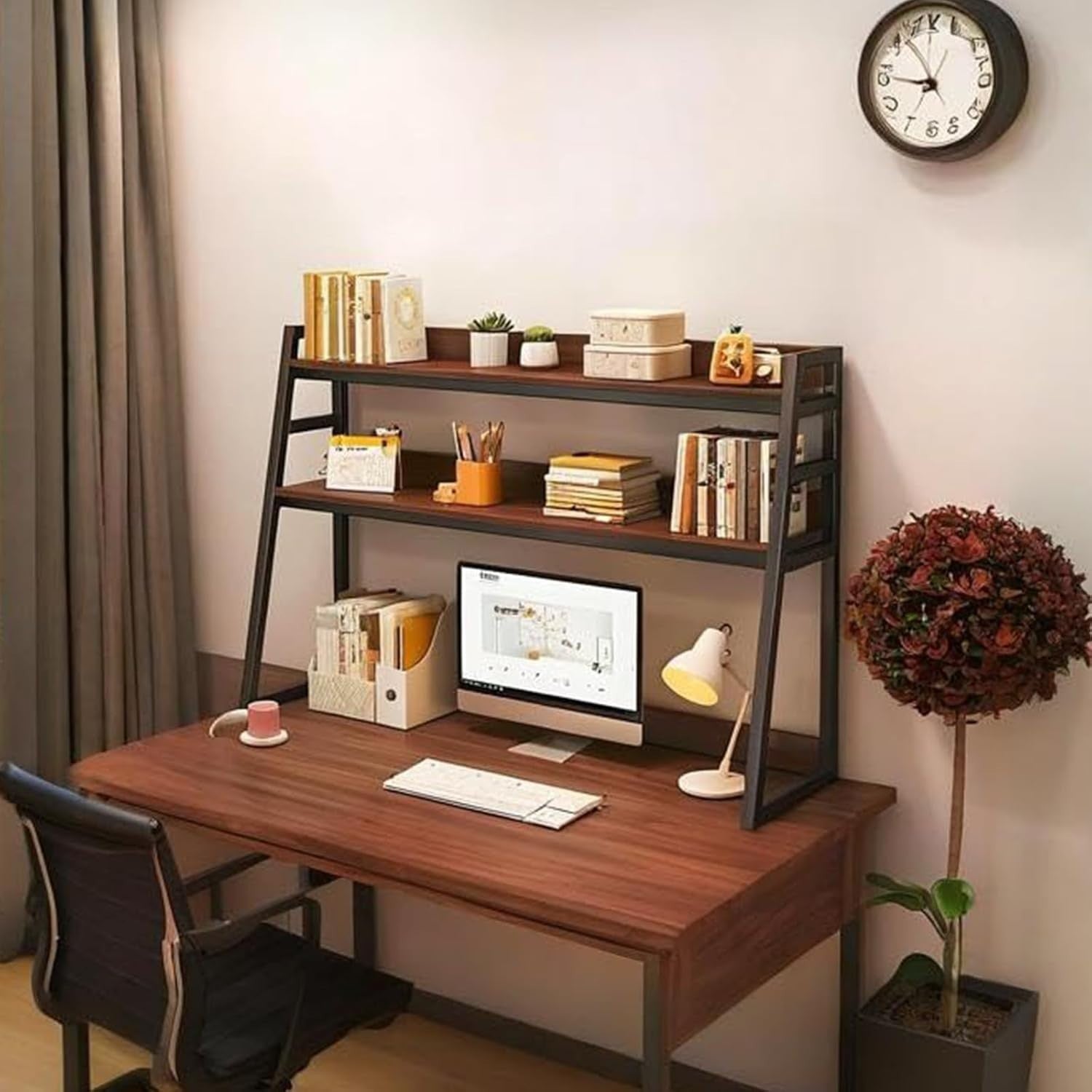 3-Tier Desktop Bookshelf Metal Frame Trapezoid Desk Hutch Storage Rack 75cm