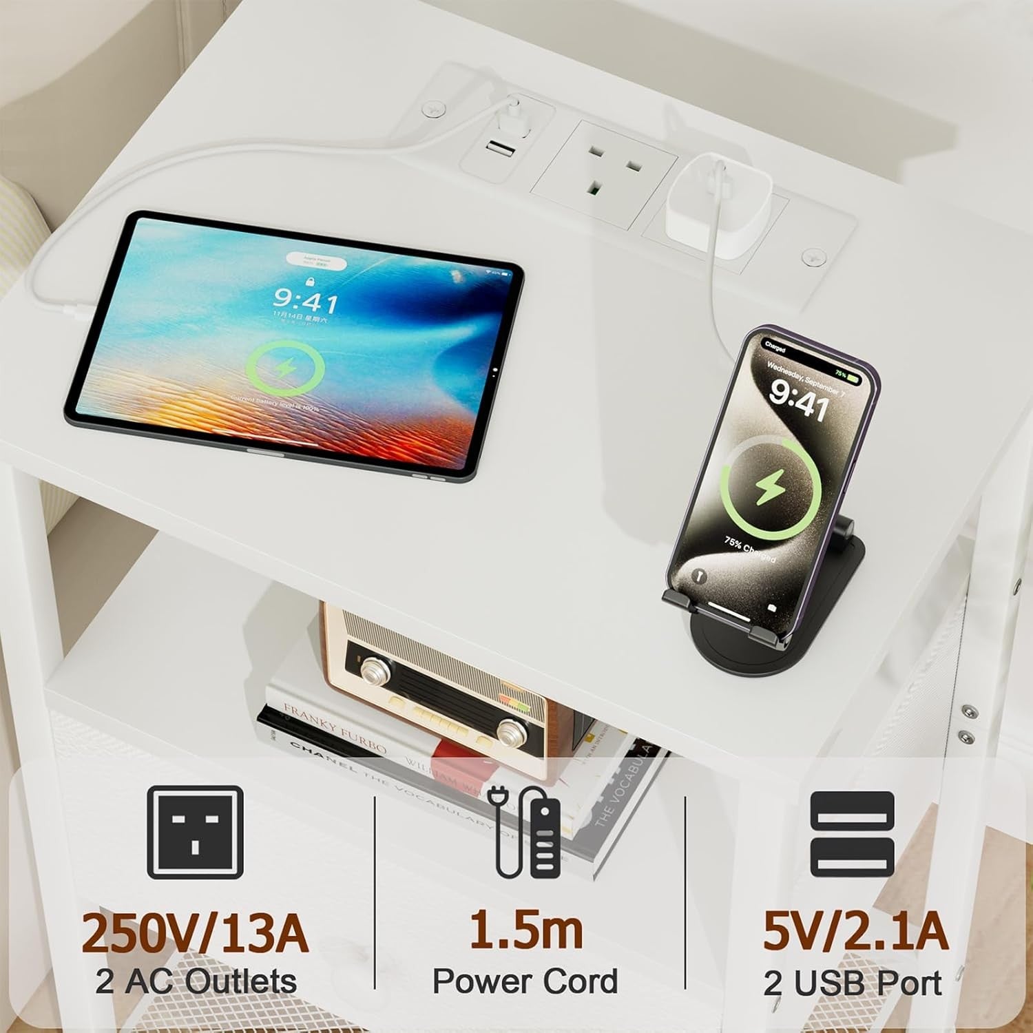 White Bedside Table with Charging Station Small Nightstand Drawer & Shelf