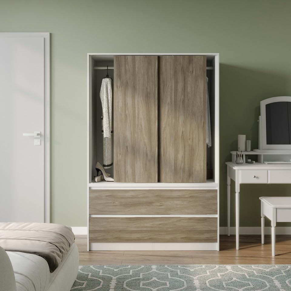Sliding Door Wardrobe 4 Drawer Oak White Storage Rail Bedroom Closet