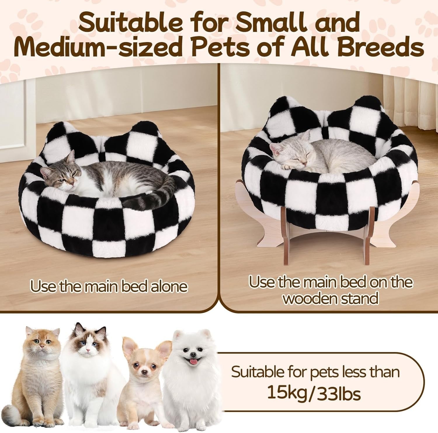 Elevated Cat Bed Plush Faux Fur Pet Sofa w Wooden Stand Anti Slip
