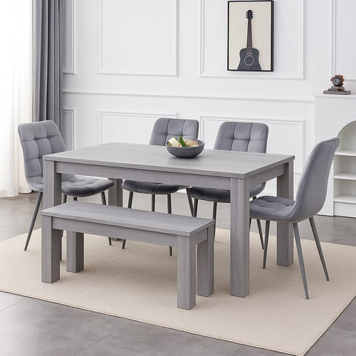 Grey Velvet Dining Table Set with 4 Chairs & Bench – Durable, Stylish Design
