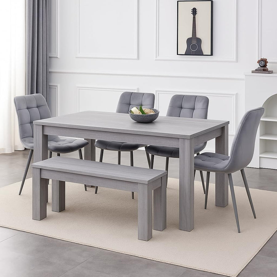 Grey Velvet Dining Table Set with 4 Chairs & Bench – Durable, Stylish Design