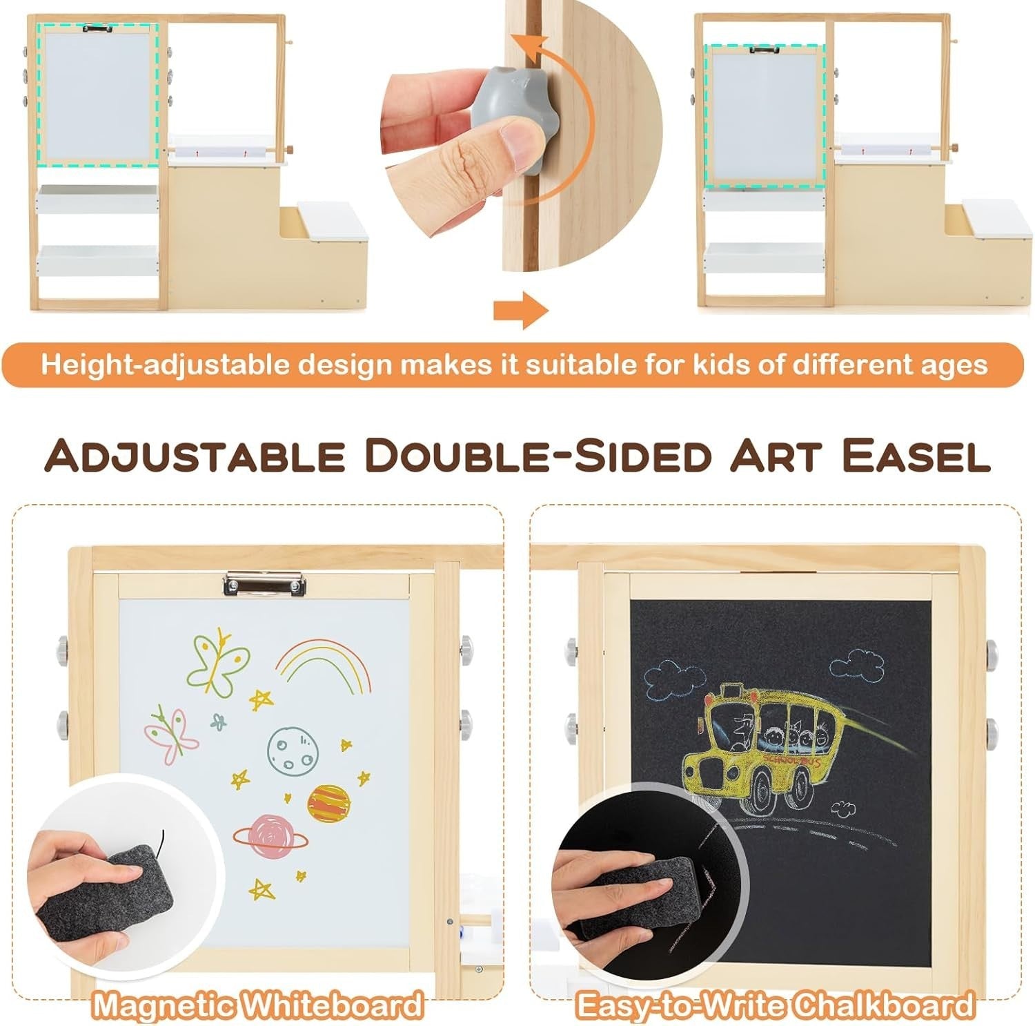 3-in-1 Kids Art Table & Bench Set with Adjustable Easel, Storage & Accessories