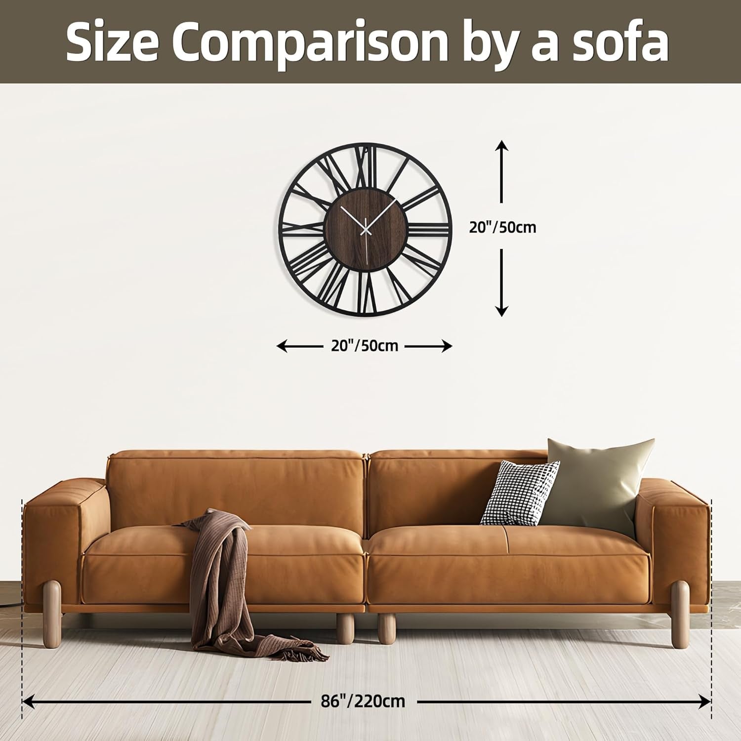 20" Large Wall Clock Dark Wood & Metal Silent Roman Numerals Modern Decor