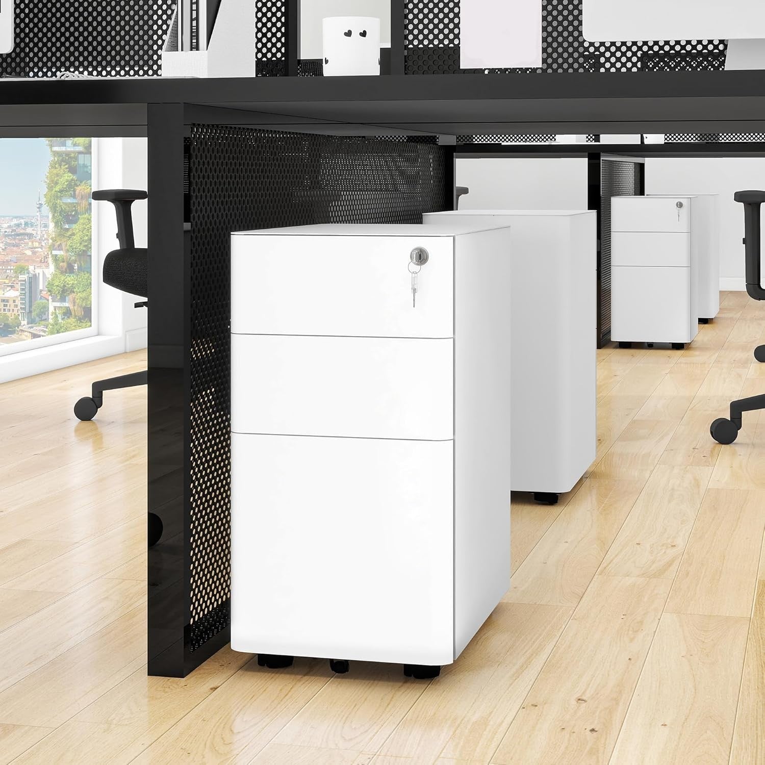 White 3 Drawer Lockable Metal File Cabinet 30x45x61cm Slim
