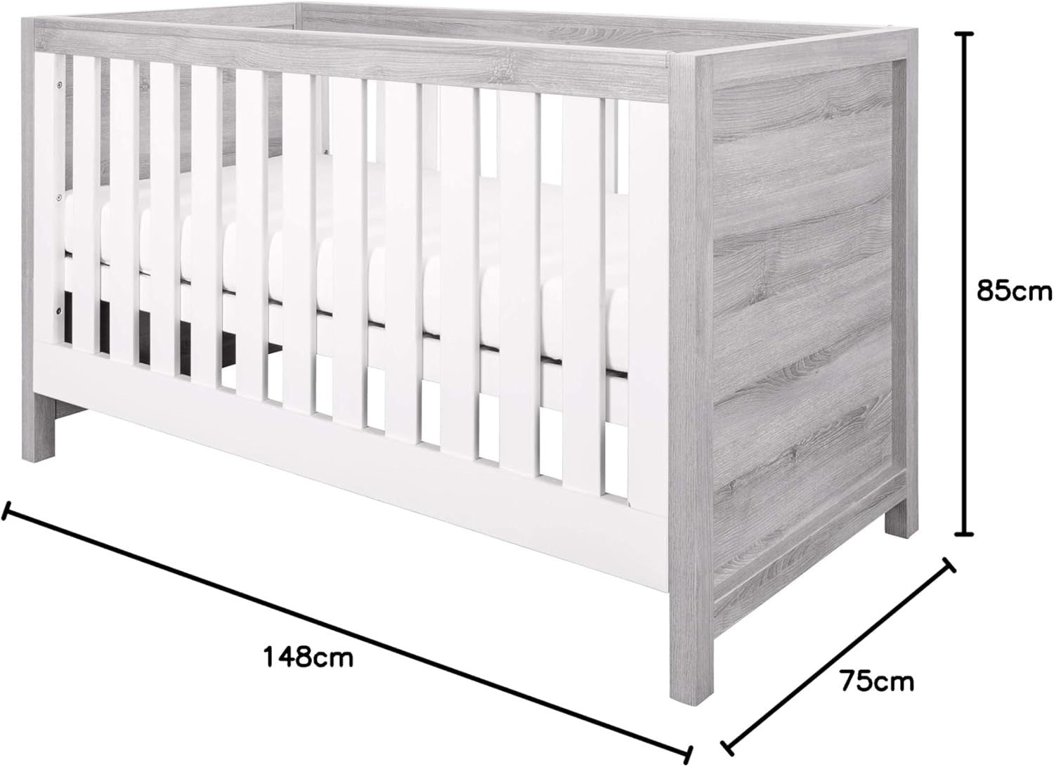 3in1 Wooden Baby Cot Bed Toddler Day Bed Adjustable Rails White/Grey Ash 140x70