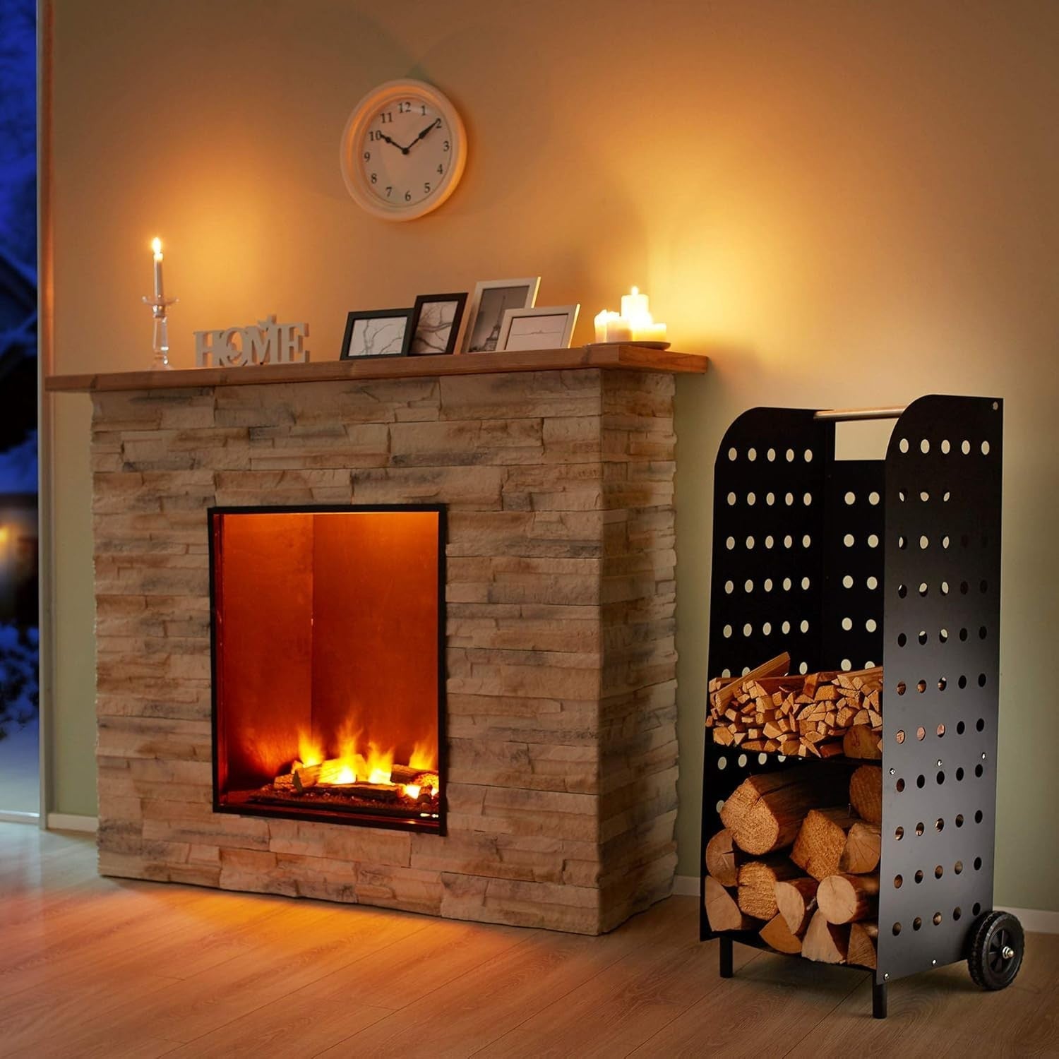 Firewood Log Holder with Wheels & Shelf – Indoor Outdoor Steel Rack 53x41x112cm