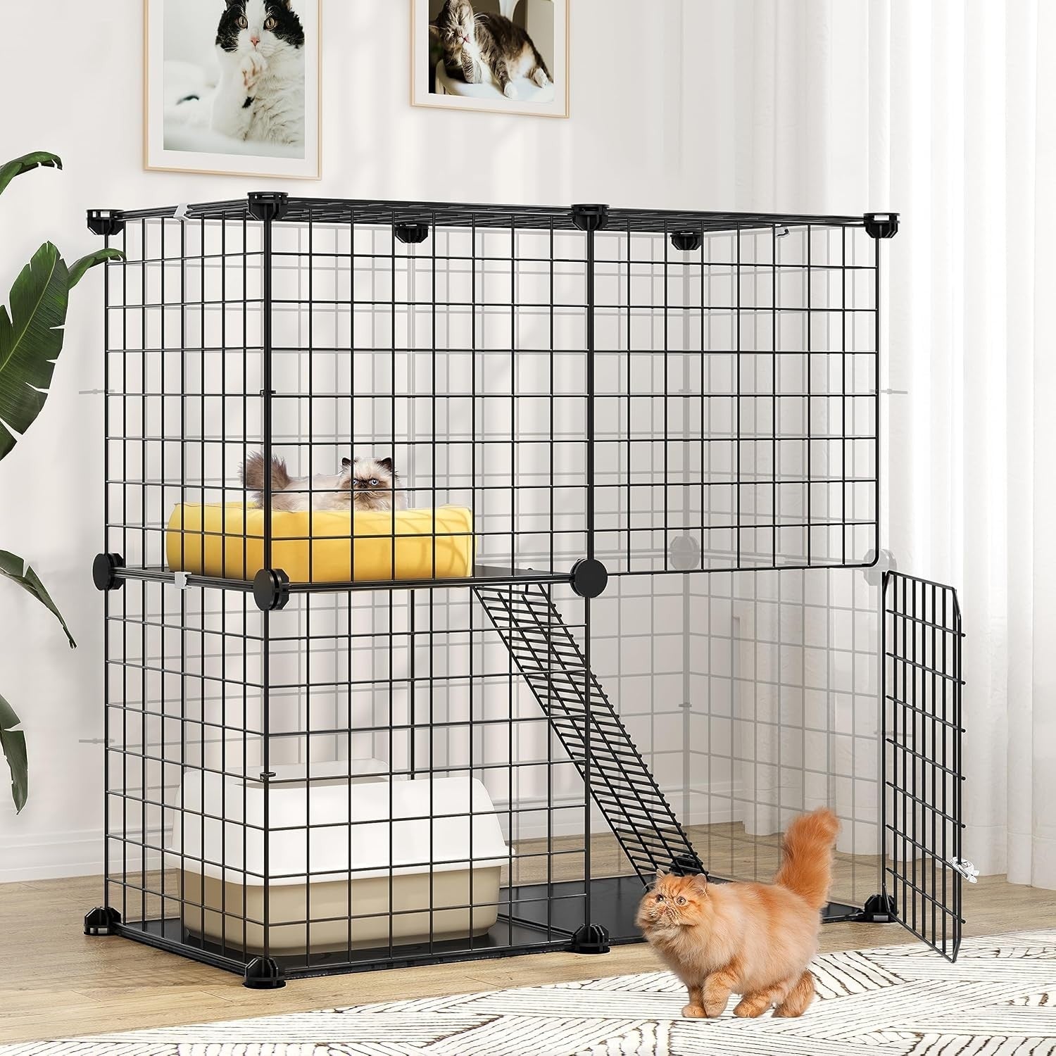 2-Tier Indoor Outdoor Cat Cage Playpen with Platforms & Zip Ties, 71x36x71cm