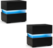 Modern LED Bedside Tables Set of 2 with Drawers & RGB Lights, High Gloss Black