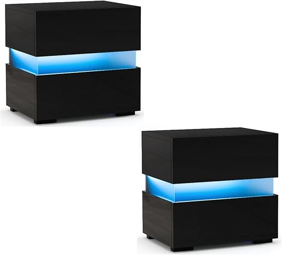 Modern LED Bedside Tables Set of 2 with Drawers & RGB Lights, High Gloss Black