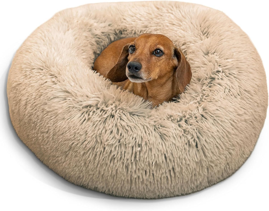 Calming Donut Dog Bed 23x23 Taupe Shag Fur Small