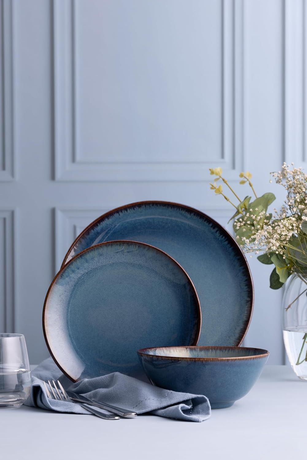 12pc Stoneware Dinner Set Blue Reactive Glaze Plates Bowls Dishwasher Safe