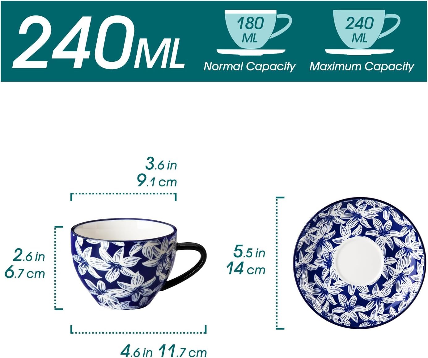 Espresso Cup & Saucer Set of 6 Blue White Porcelain Coffee Tea 240ml