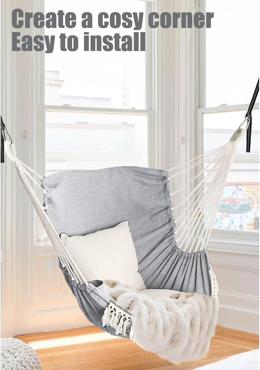 Hammock Chair with 2 Cushions & Straps | 550lbs Indoor Outdoor Swing Seat