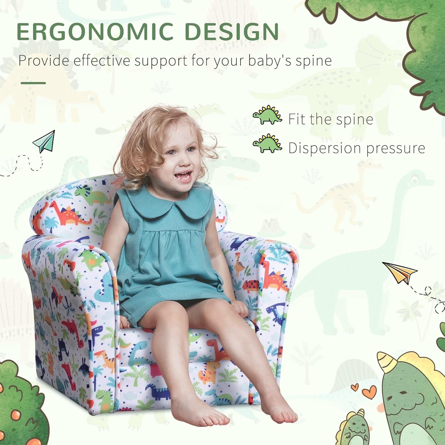 Kids Dinosaur Armchair Flannel Sofa Tub Chair Wooden Frame Bedroom