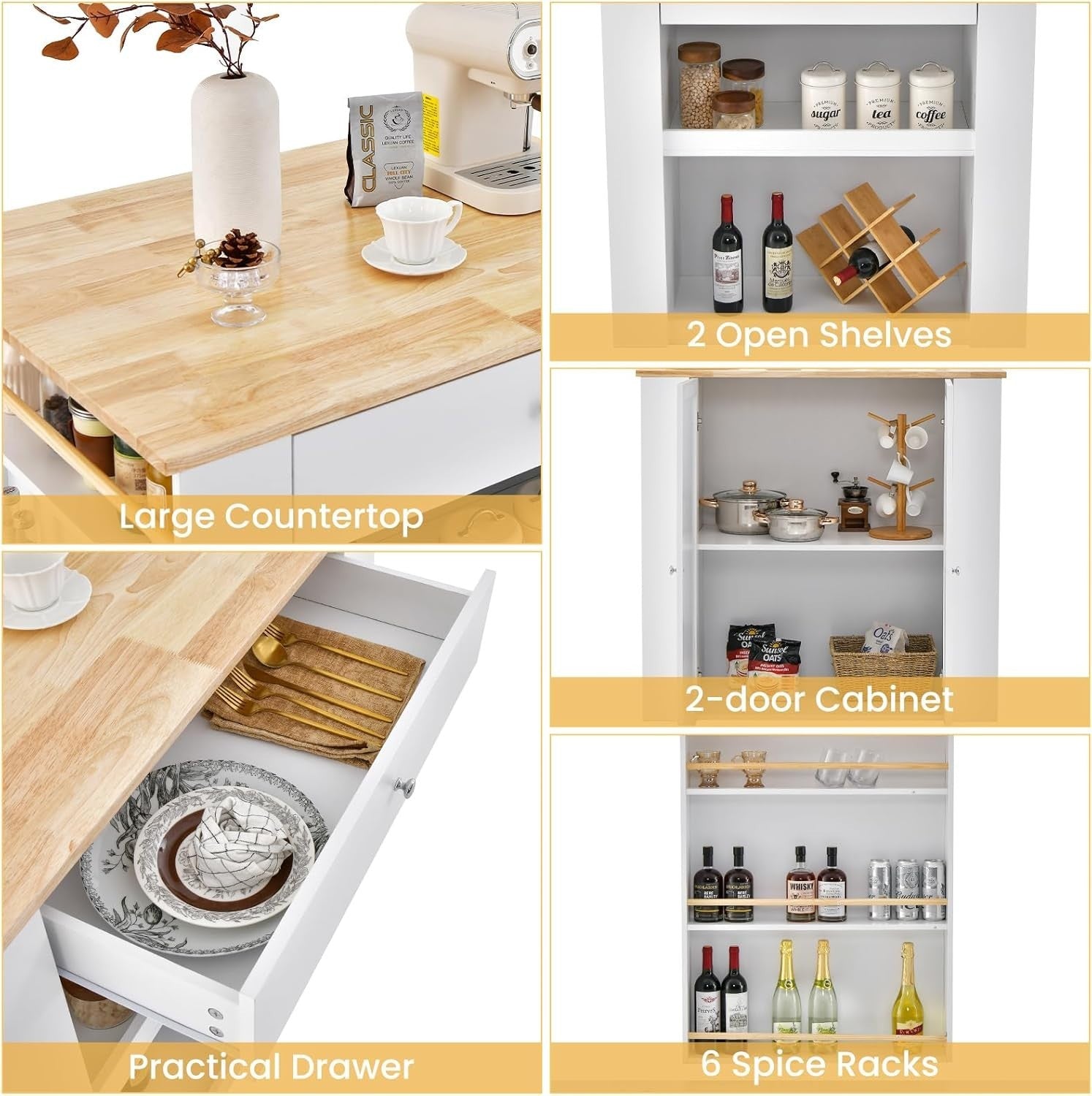Rolling Kitchen Island Cabinet with Rubber Wood Top, Drawer & 6 Spice Racks