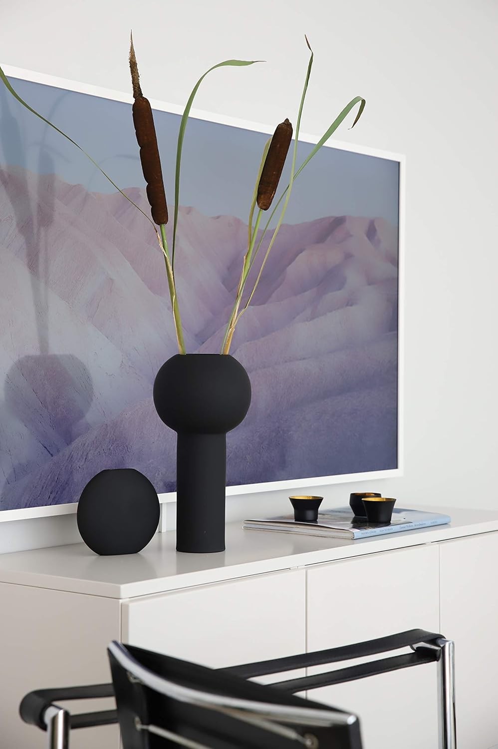 Black Ceramic Pillar Vase 32cm Modern Minimalist Table Home Decor