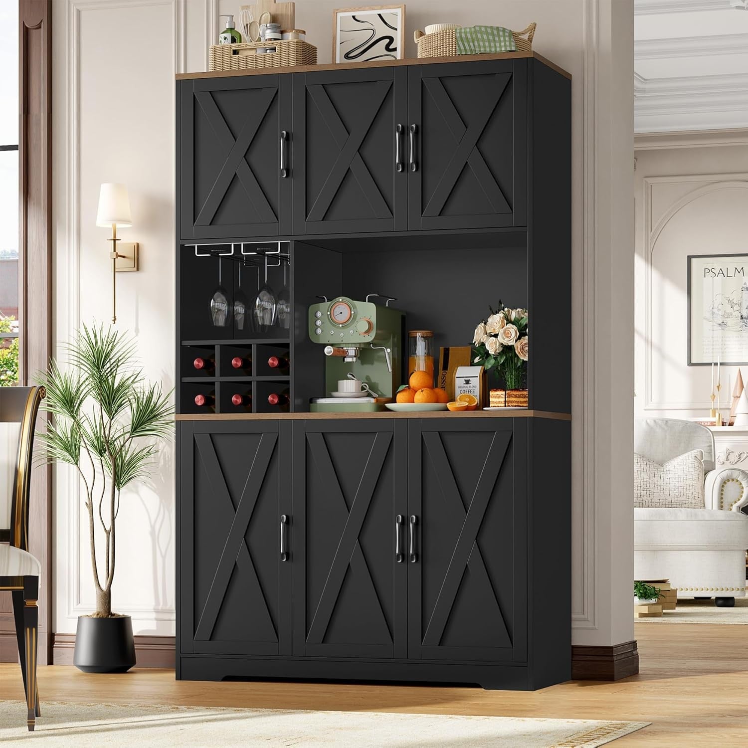 Tall Black Kitchen Cupboard with Wine Rack & Microwave Stand Storage Unit