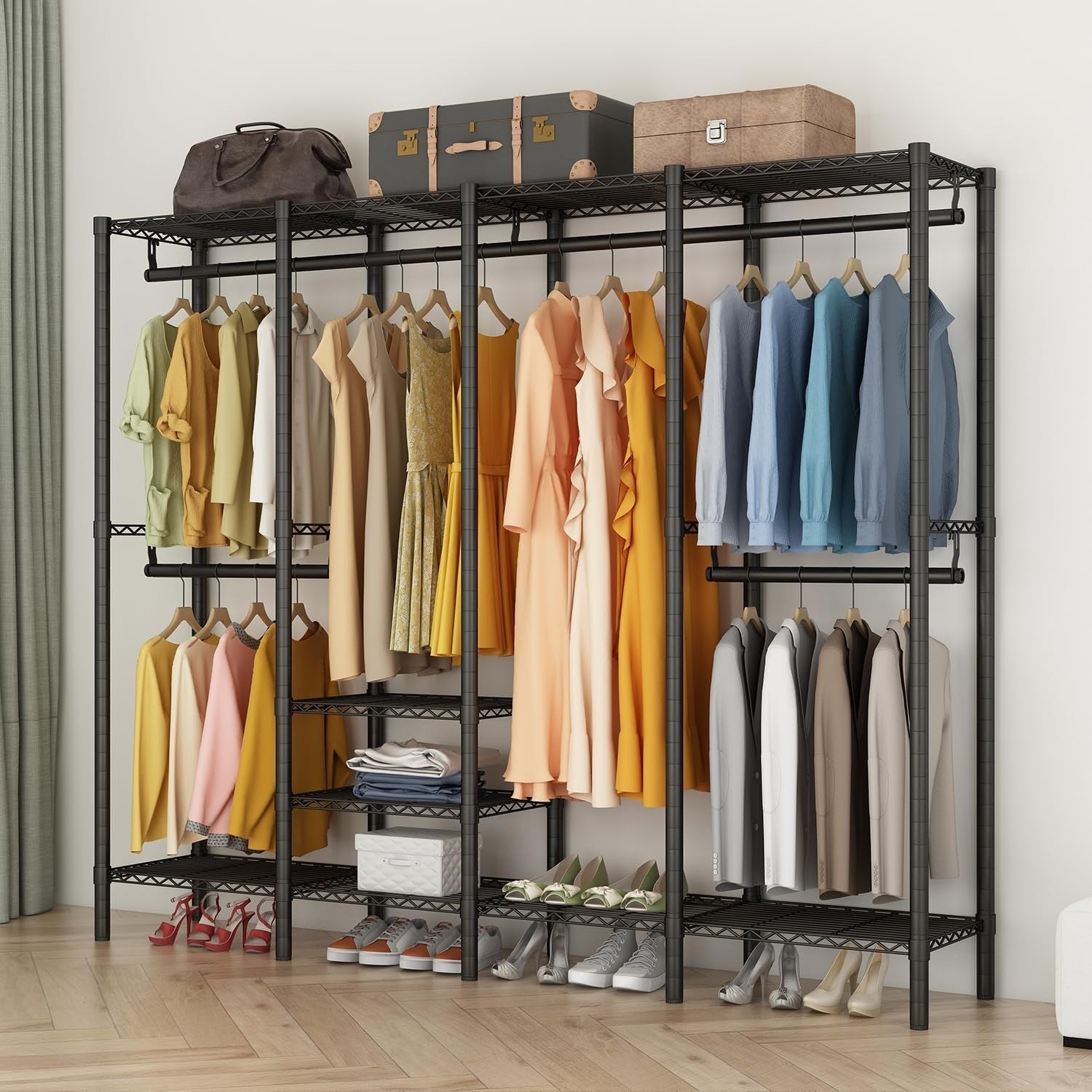 Heavy Duty Clothes Rail 4 Rod Adjustable Shelves Wardrobe Black