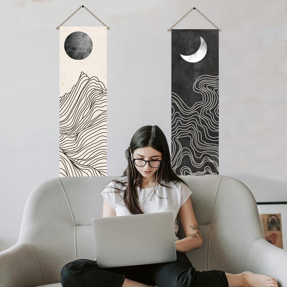 Boho Sun Moon Tapestry 2pcs 45.7x13in Black White Wall Hanging