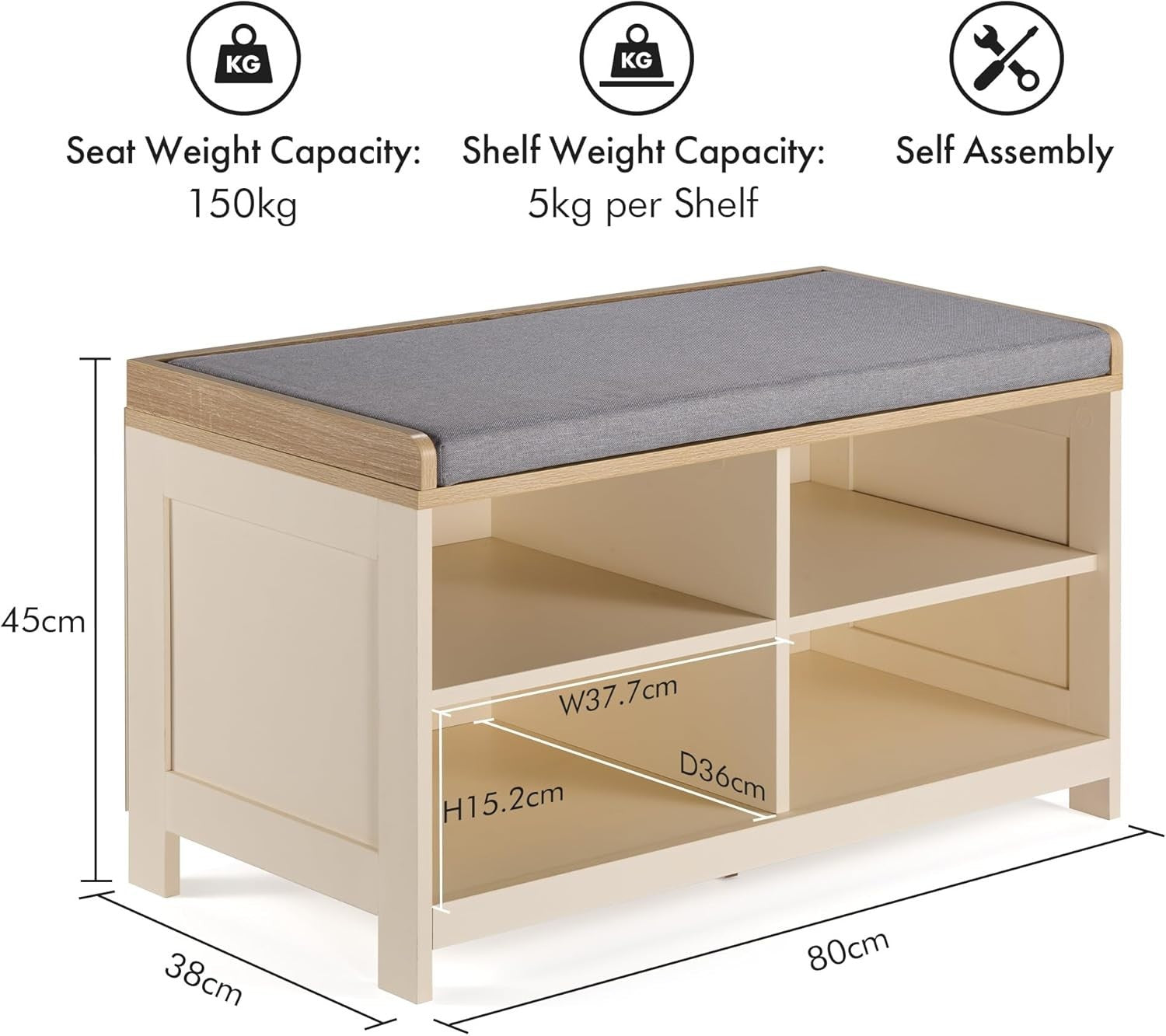 Cream Shoe Storage Bench with Cushion & 4 Shelves – Hallway Entryway Unit