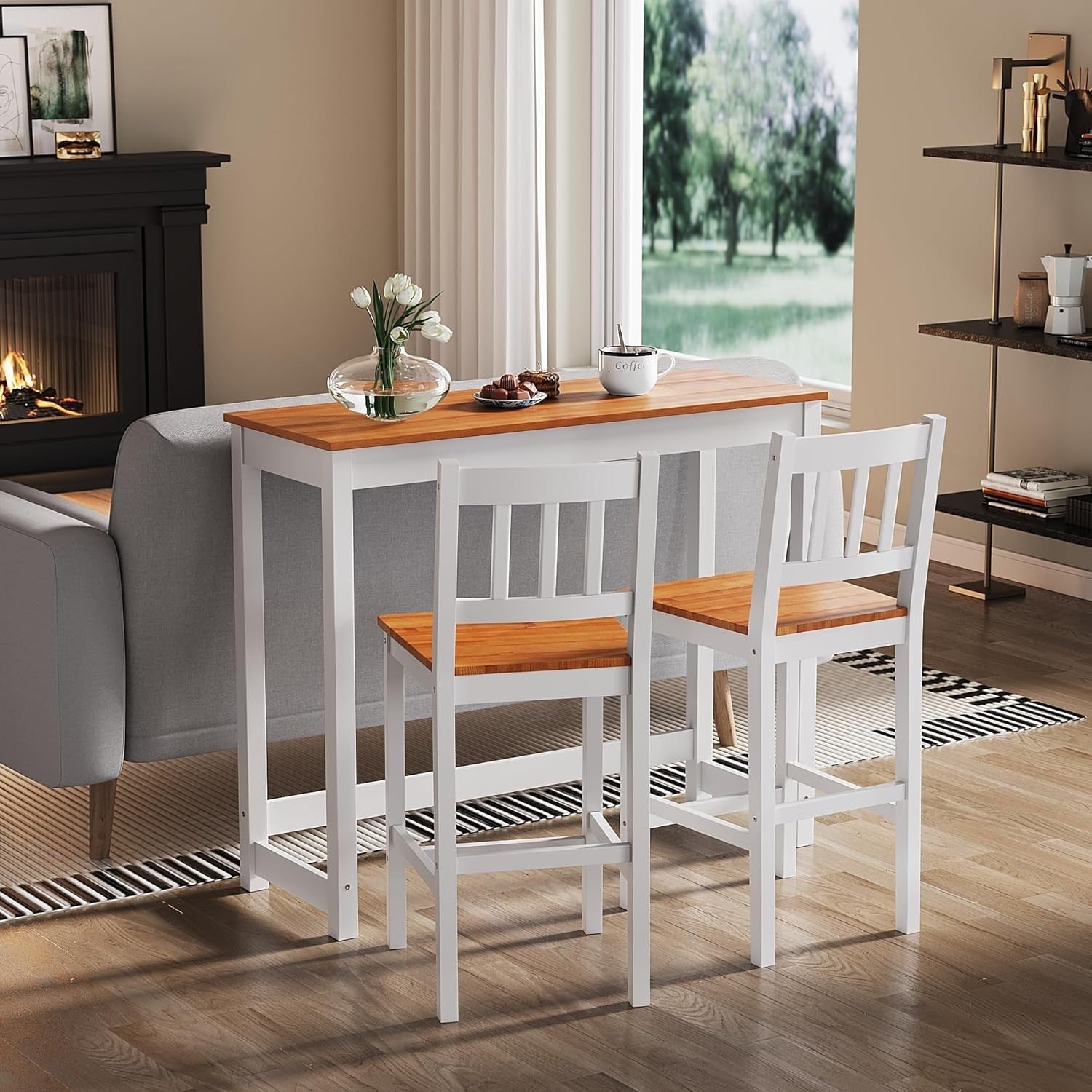 Solid Pine Wood Bar Table & 2 Stools Set | Compact, Rustic, Easy Assembly