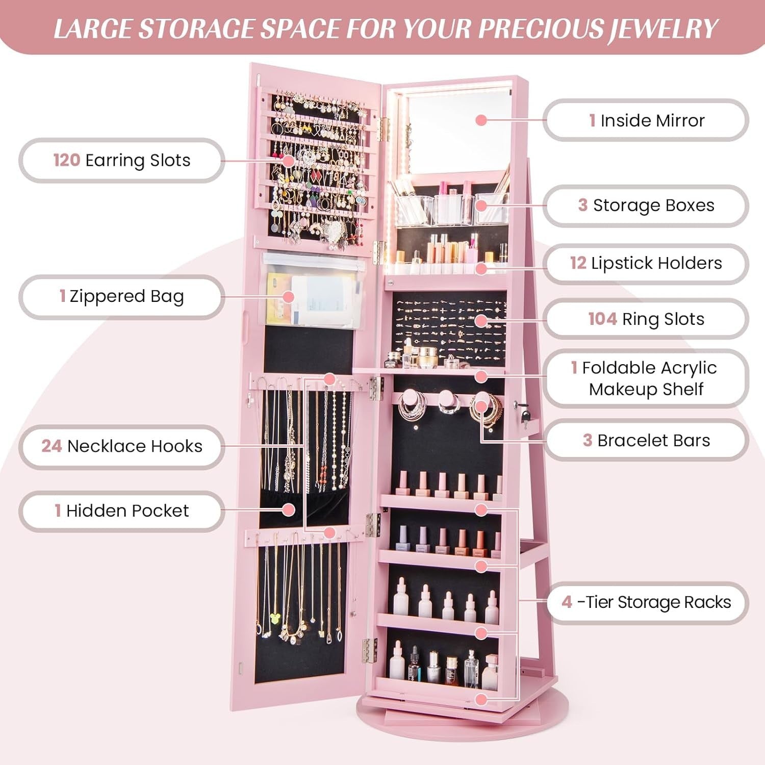 Pink 360° Swivel LED Jewelry Cabinet Mirror Lockable 3-Color Storage
