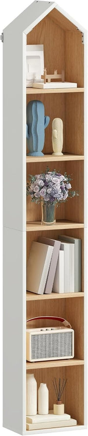 Tall Slim 6-Tier White Oak Bookcase – Space Saving Shelf Unit 181cm High