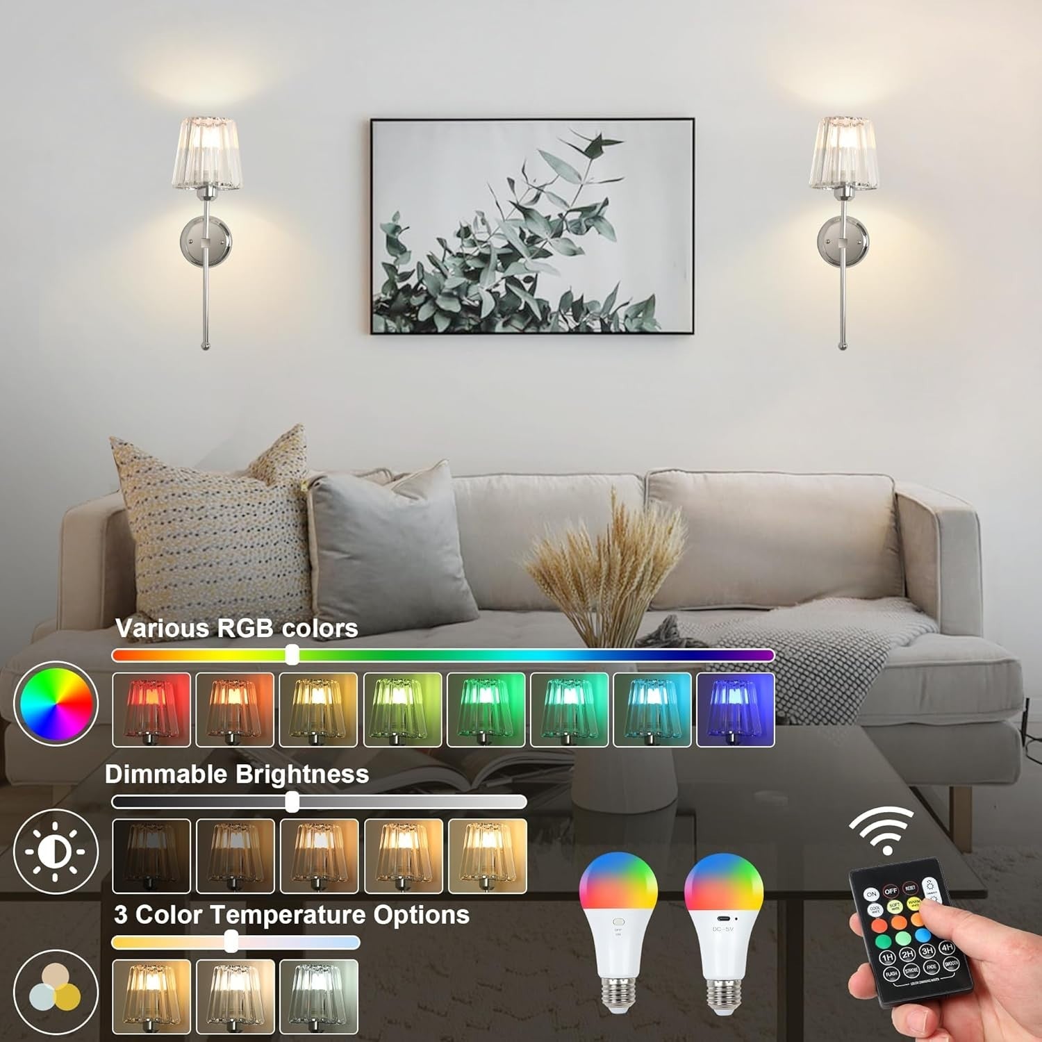Wireless Rechargeable Wall Lights 2-Pack, Remote Control, USB Charging