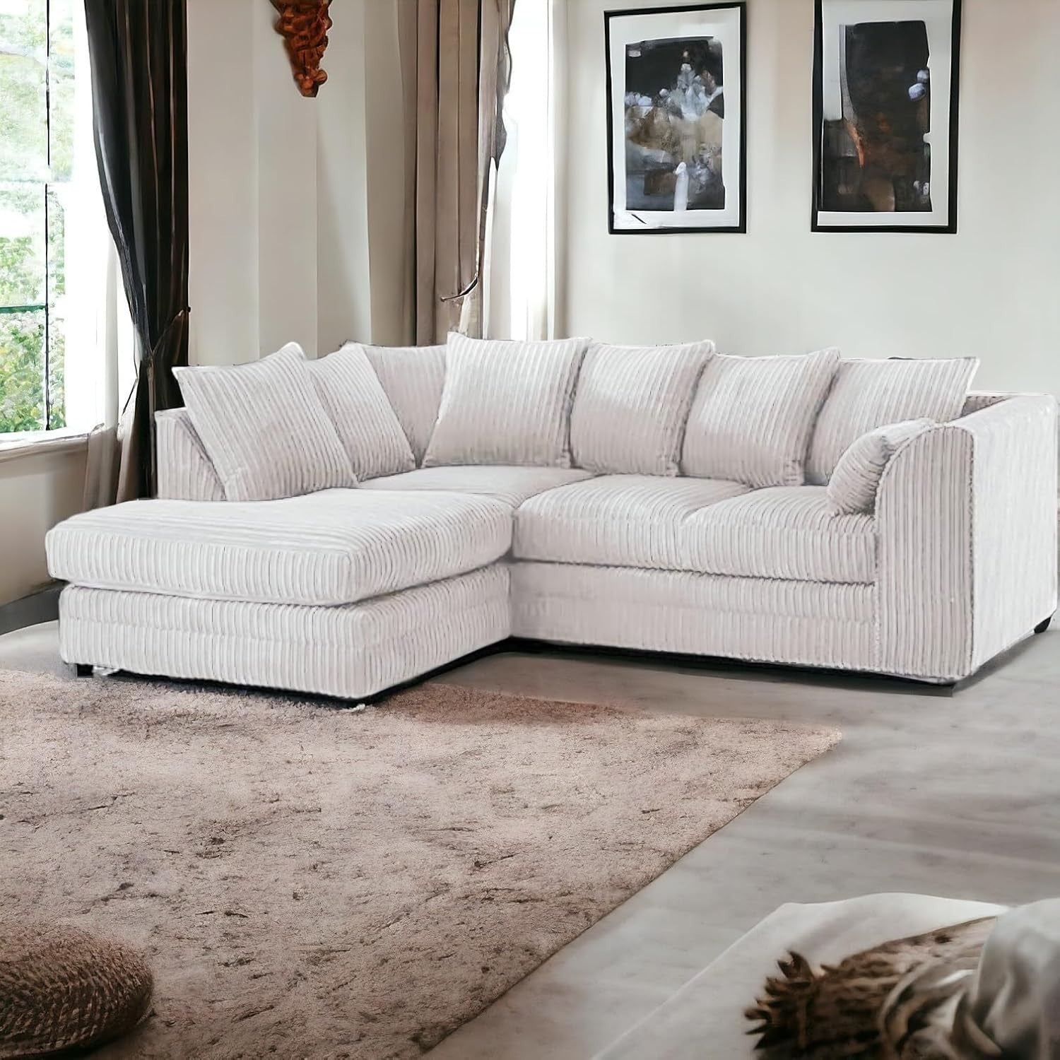 4 Seater Cream Jumbo Cord Scatter Back Left Hand Corner Sofa with Deep Seats