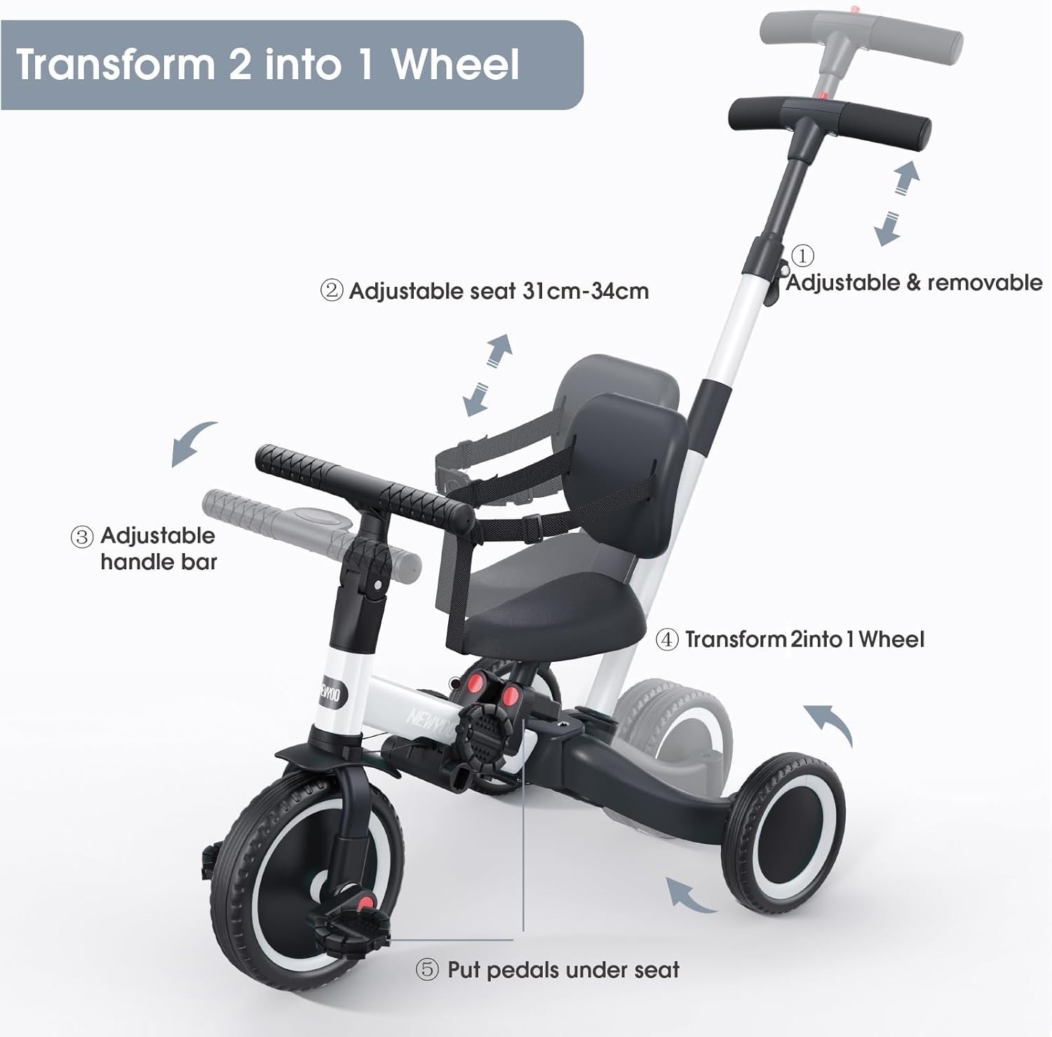 5 in 1 Toddler Tricycle Parent Handle Balance Bike Safety Belt White