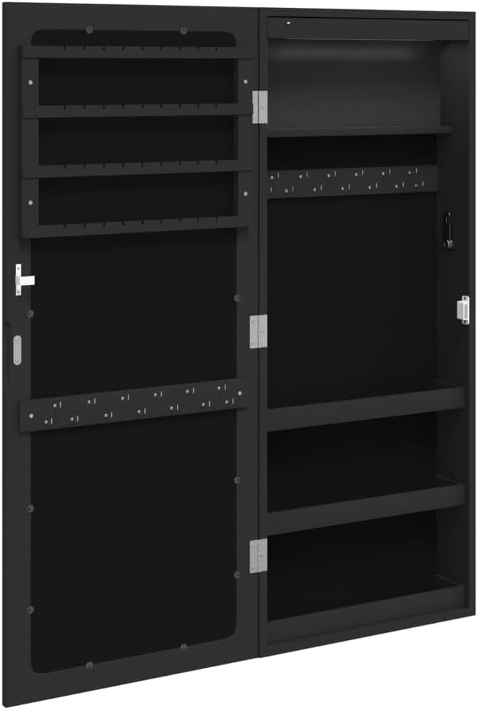 LED Wall Mounted Jewelry Cabinet Frameless Mirror Lockable Storage Black