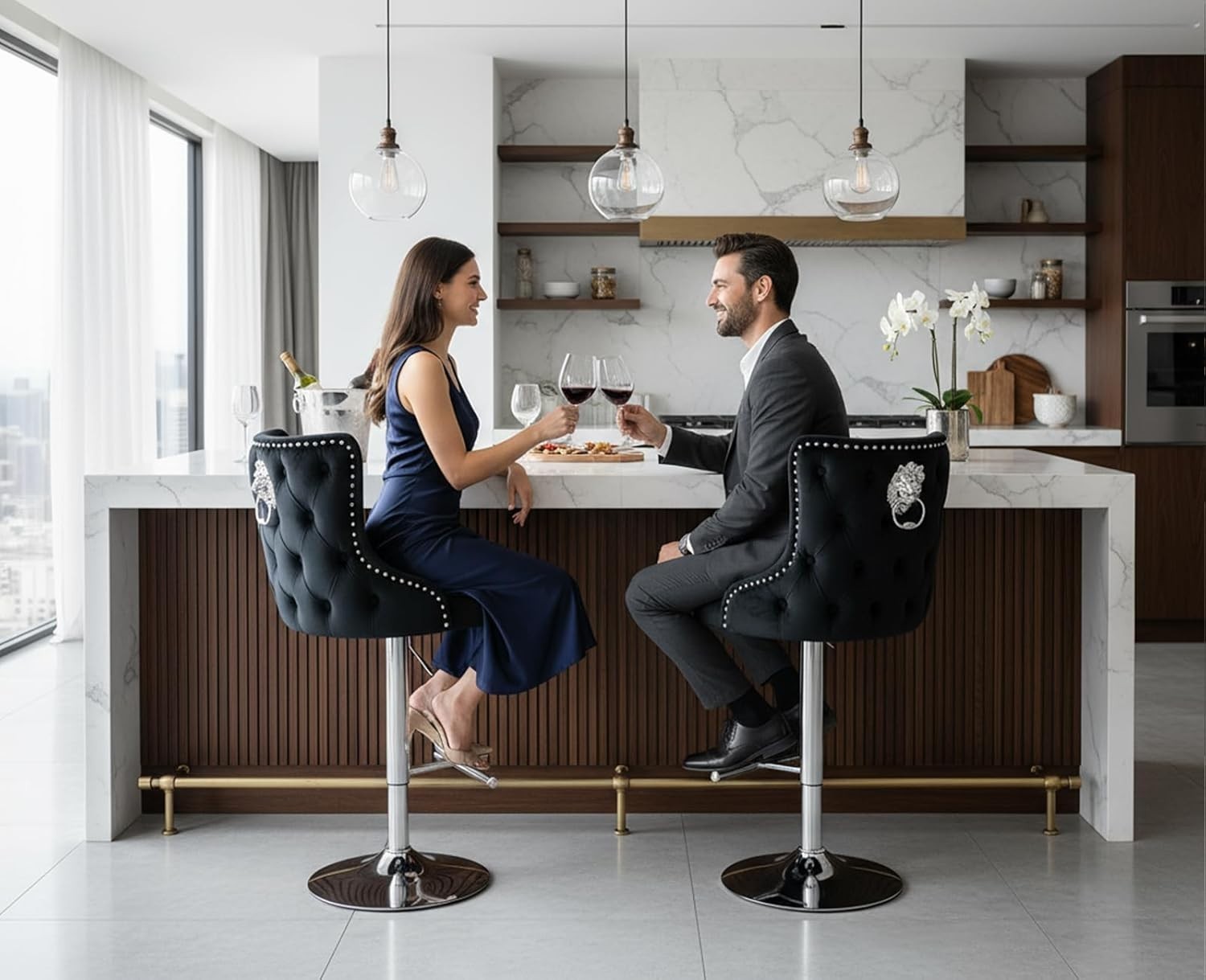 Luxury Velvet Bar Stools Set of 2 | Black Swivel Counter Chairs w/ Lion Detail