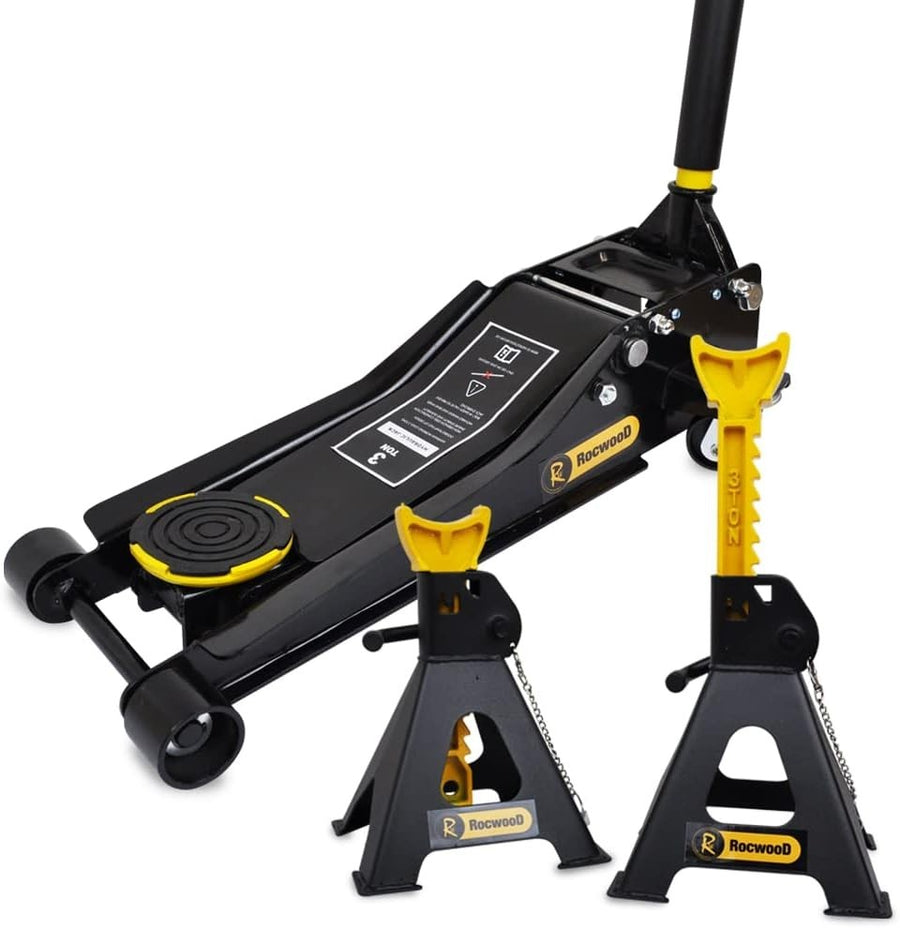 3 Ton Low Profile Trolley Jack + 3 Ton Axle Stands Set 75–505mm Heavy Duty