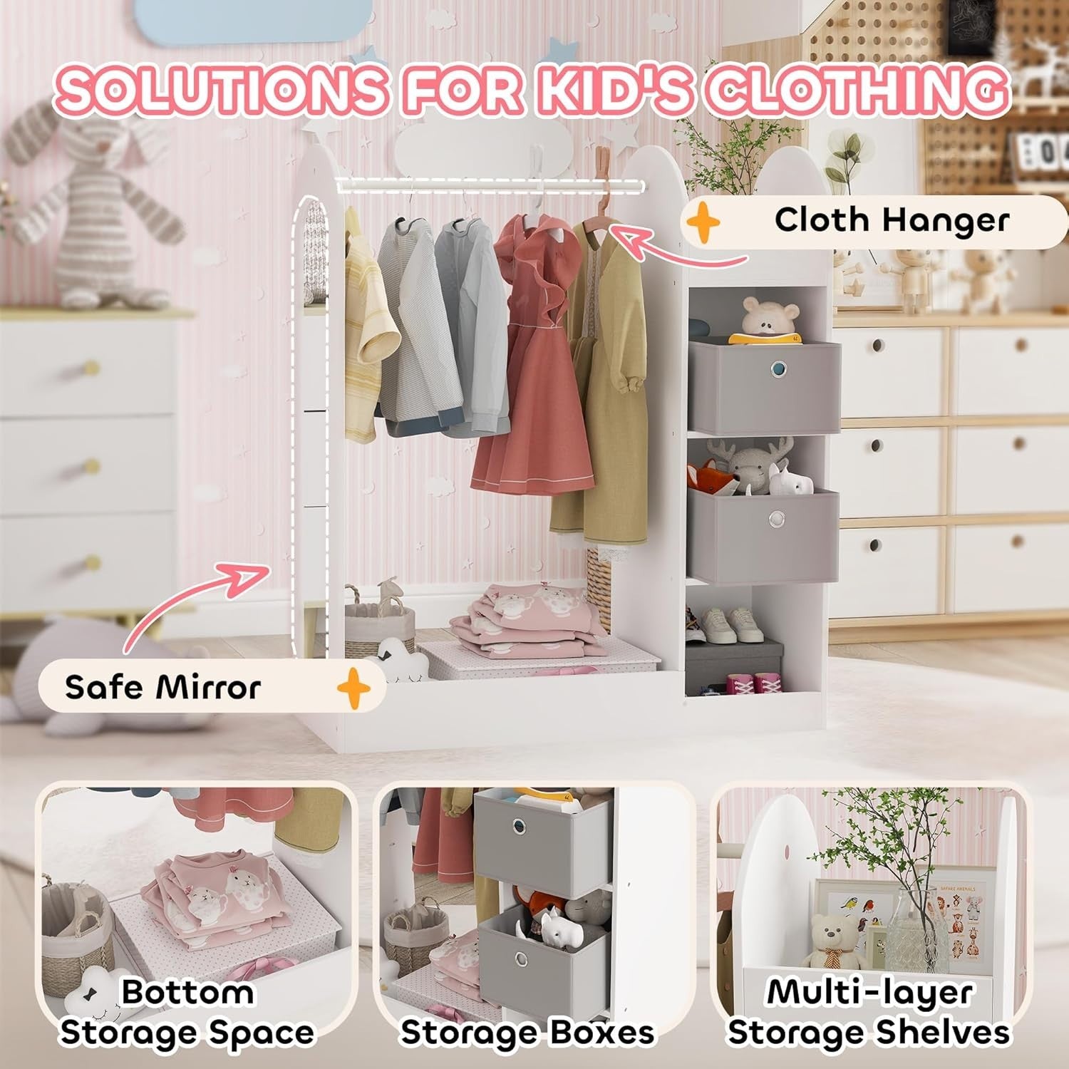 Kids Wardrobe with Mirror & Boxes, Dress Up Rail White
