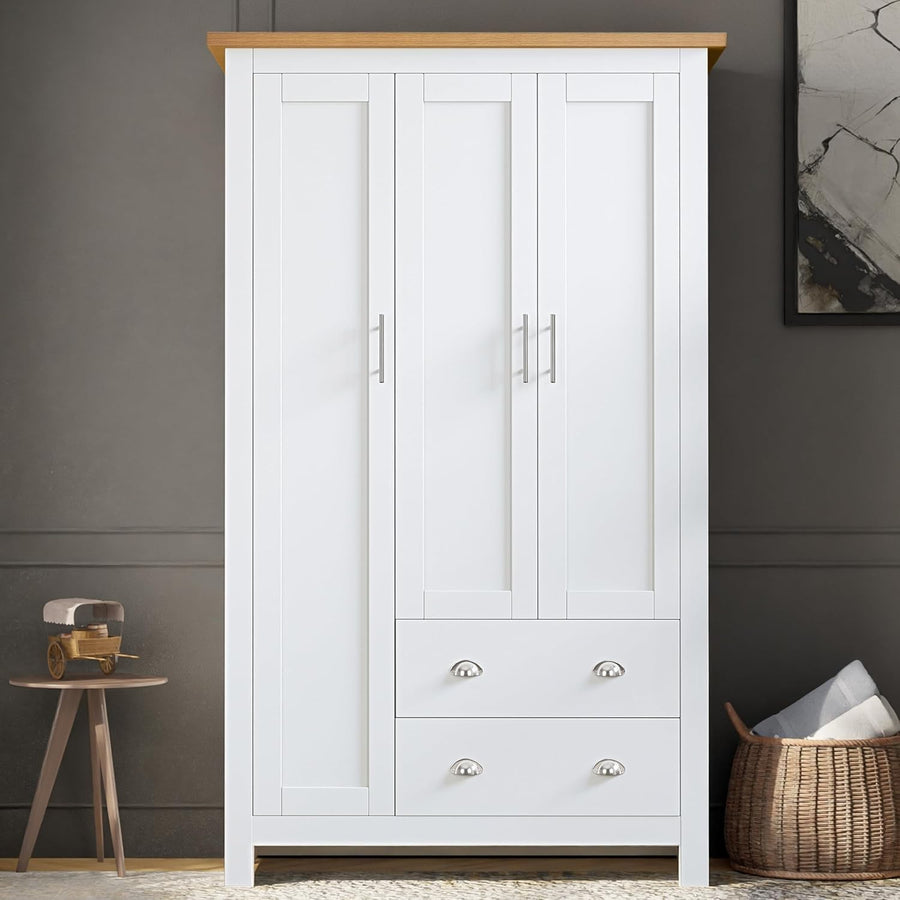 White 3 Door Wardrobe with Drawers & Rail – Modern Bedroom Storage Unit