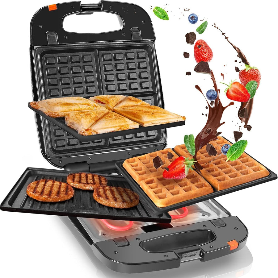 3-in-1 Snack Maker Waffle Panini Grill 1200W Removable Plates