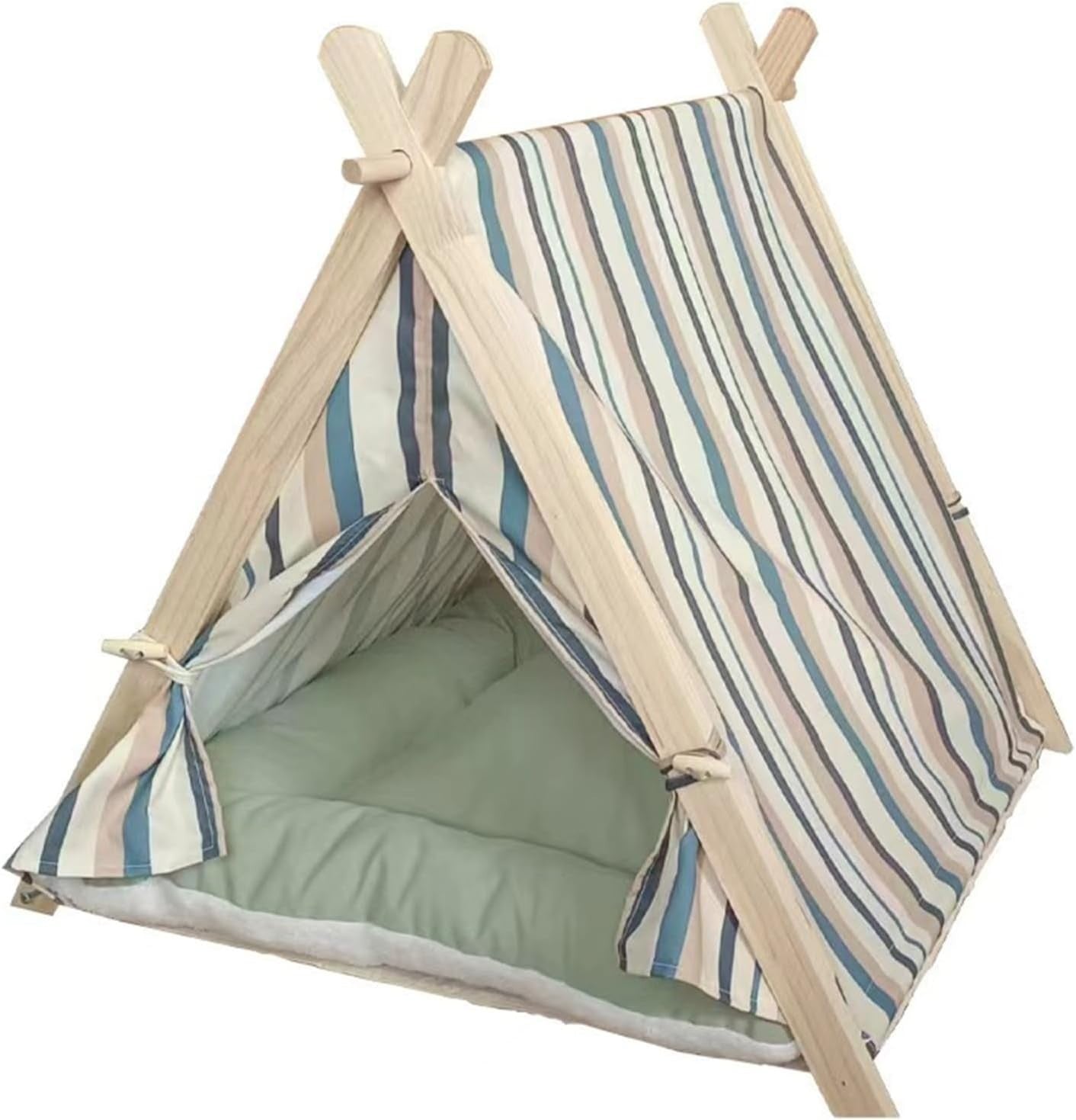 Wooden Pet Teepee Tent Cat Dog House w Cushion Indoor Shelter Striped