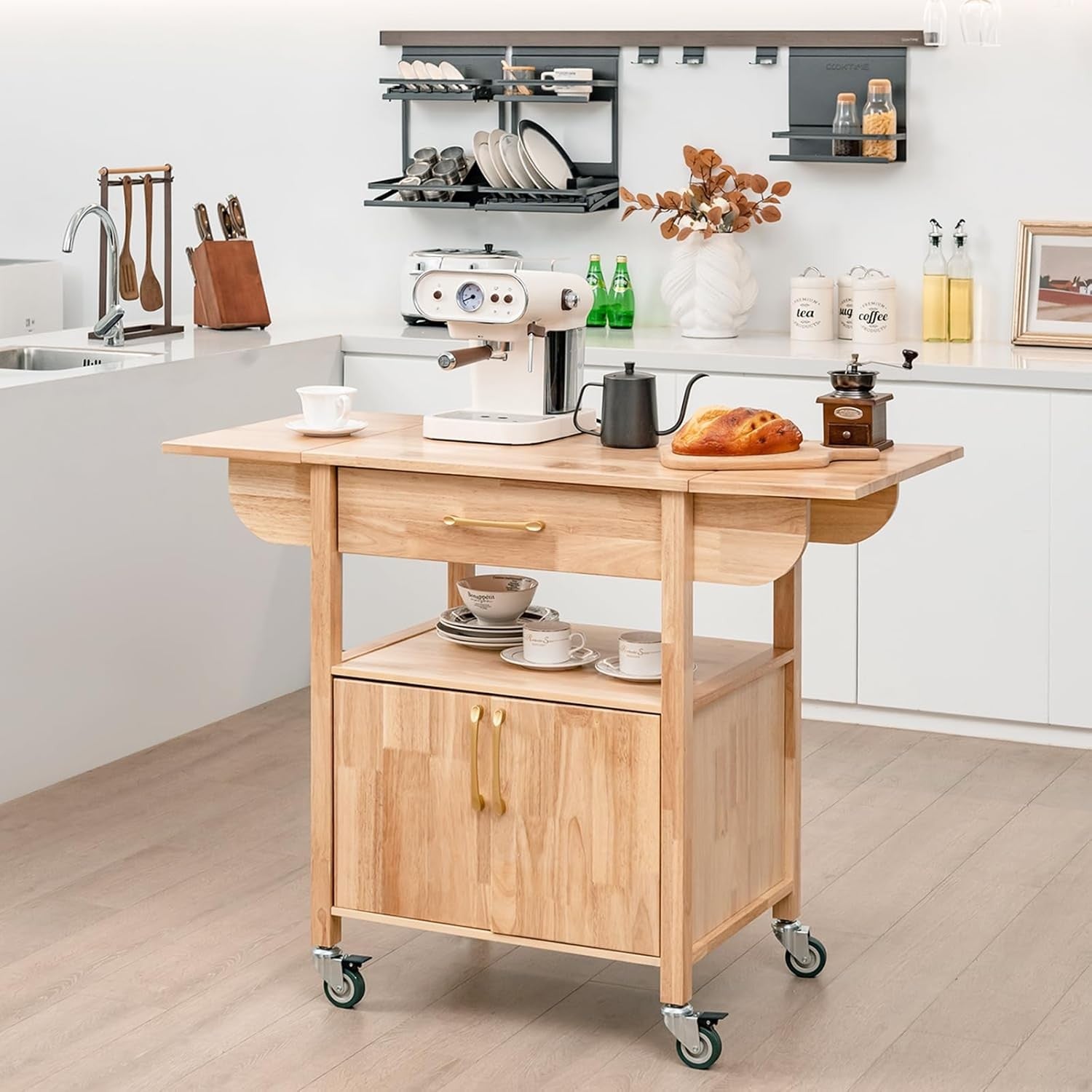 Kitchen Island on Wheels Rolling Trolley Cart Drawer Cabinet Drop Leaf Top