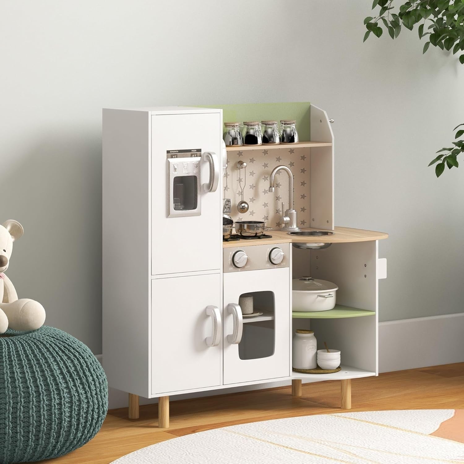 Kids Wooden Play Kitchen w/ Ice Maker Phone Sink White Toy