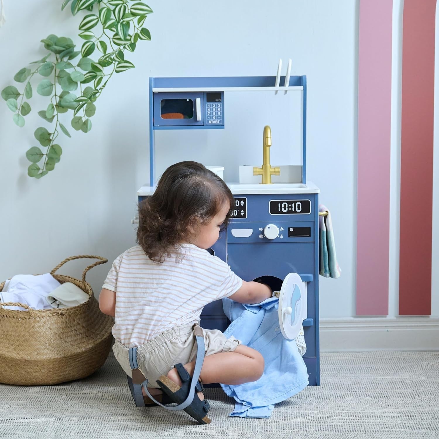 Wooden Kids Play Kitchen Blue Mini Garden Washing Machine Toy Set