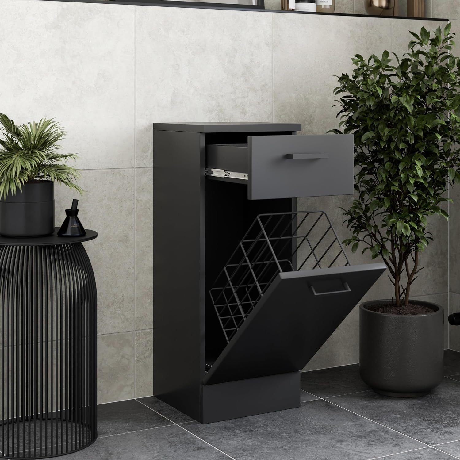 Black Slim Bathroom Laundry Cabinet with Drawer Soft Close Door Storage