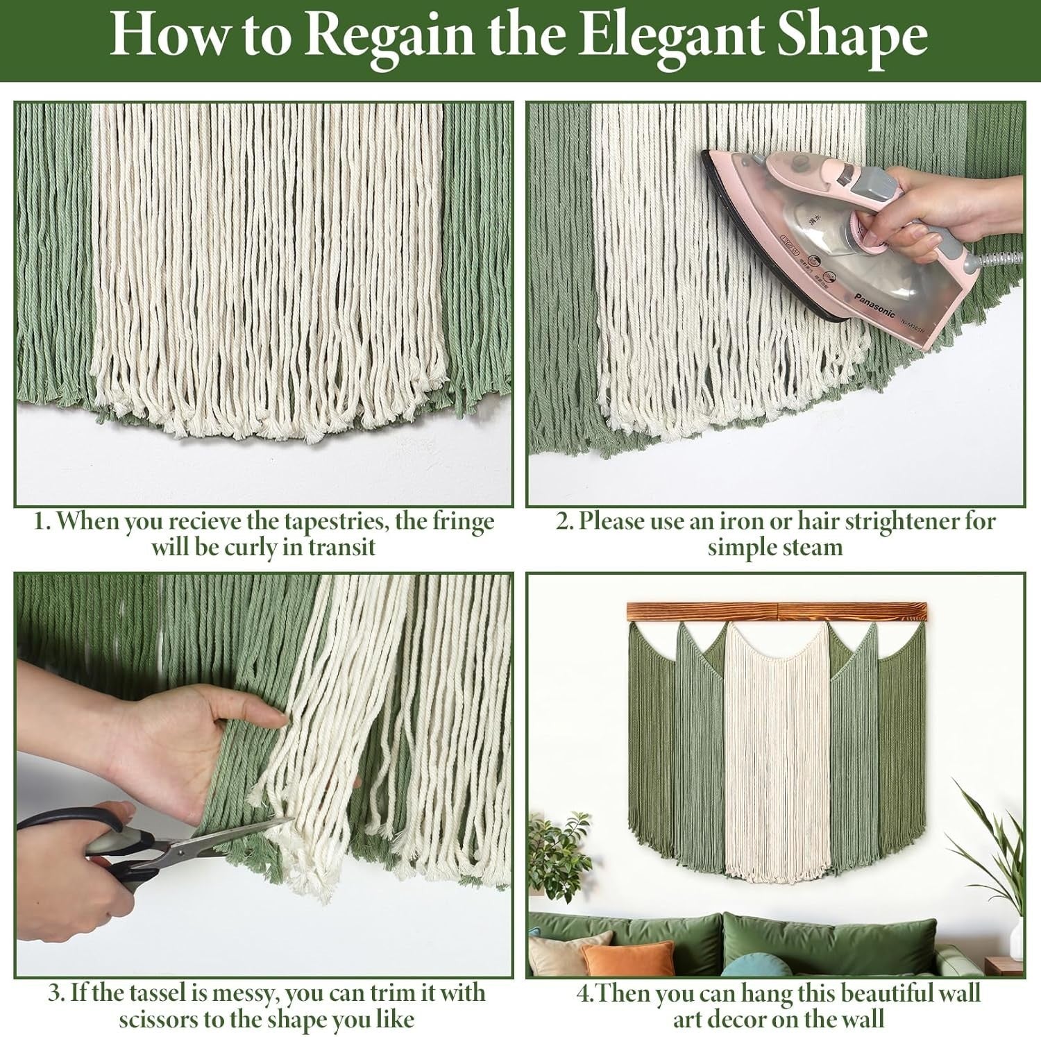 Boho Macrame Wall Hanging Dip-Dyed Green Beige Woven Tapestry