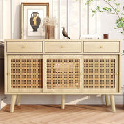 Rattan Sideboard Cabinet 3 Drawer Storage Unit 120cm Boho Retro Wood