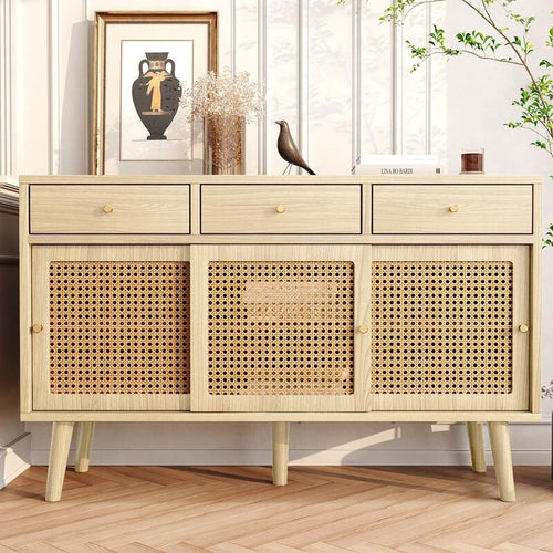 Rattan Sideboard Cabinet 3 Drawer Storage Unit 120cm Boho Retro Wood