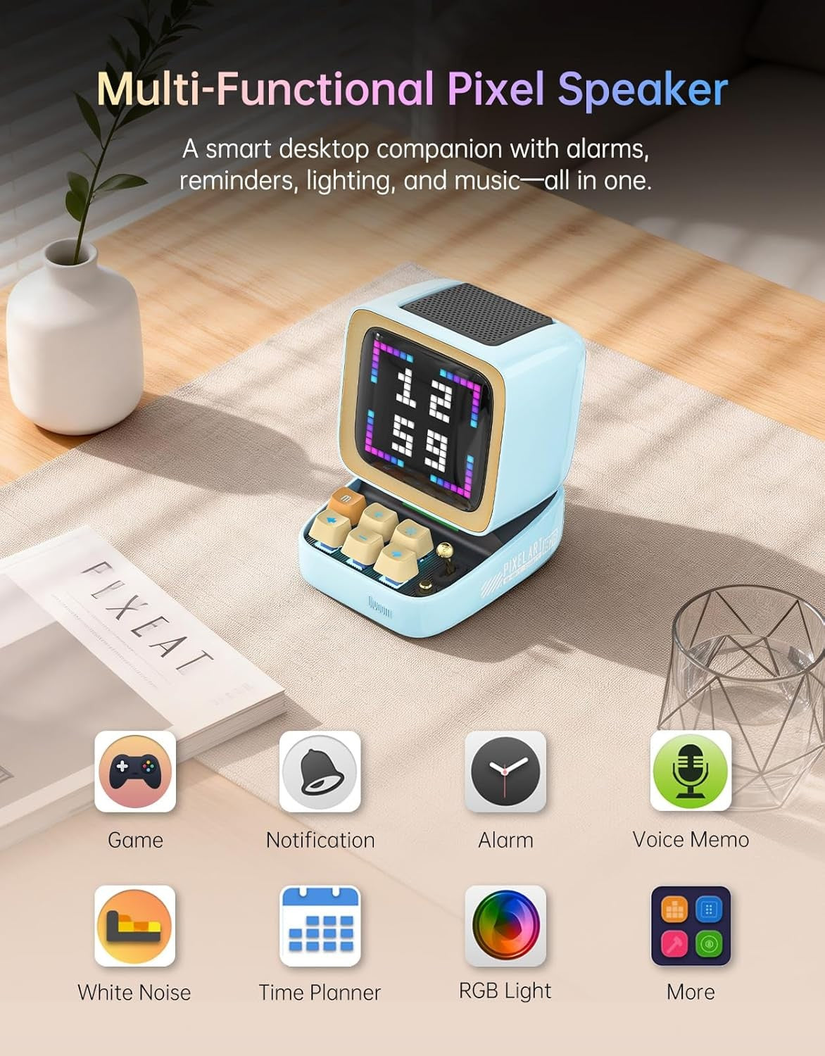 Blue Pixel Art Bluetooth Speaker Alarm Clock RGB LED Retro Desktop