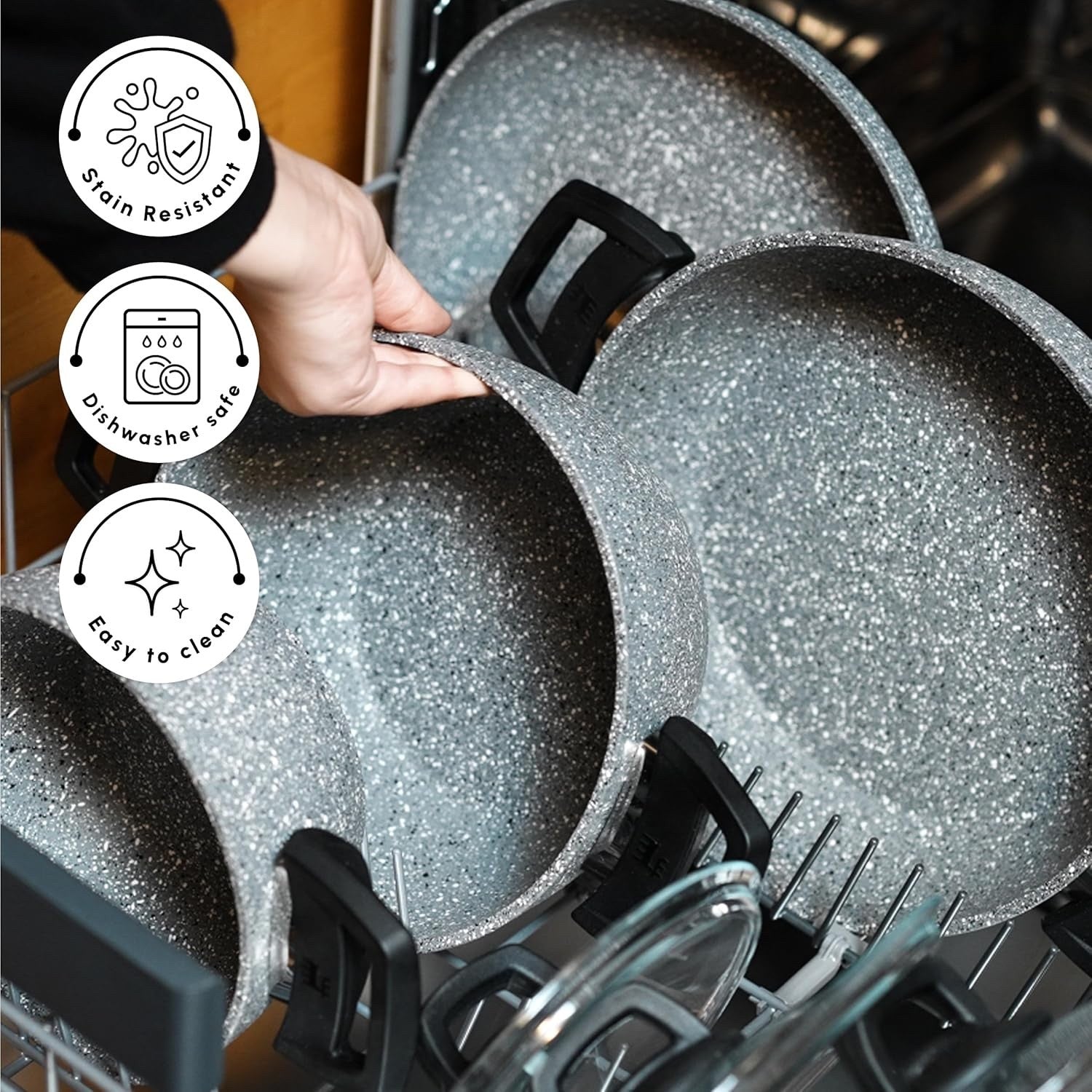 7pcs Grey Granite Non Stick Induction Cookware Set with Lids, PFOA Free