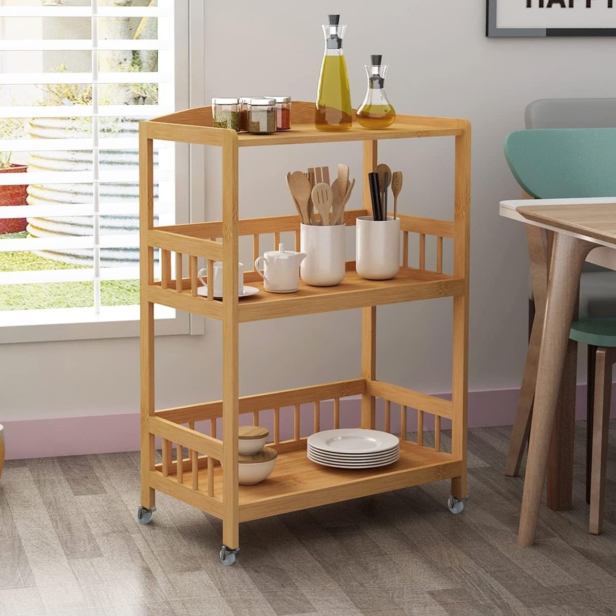 Bamboo Kitchen Trolley 3 Tier 80cm Wheels
