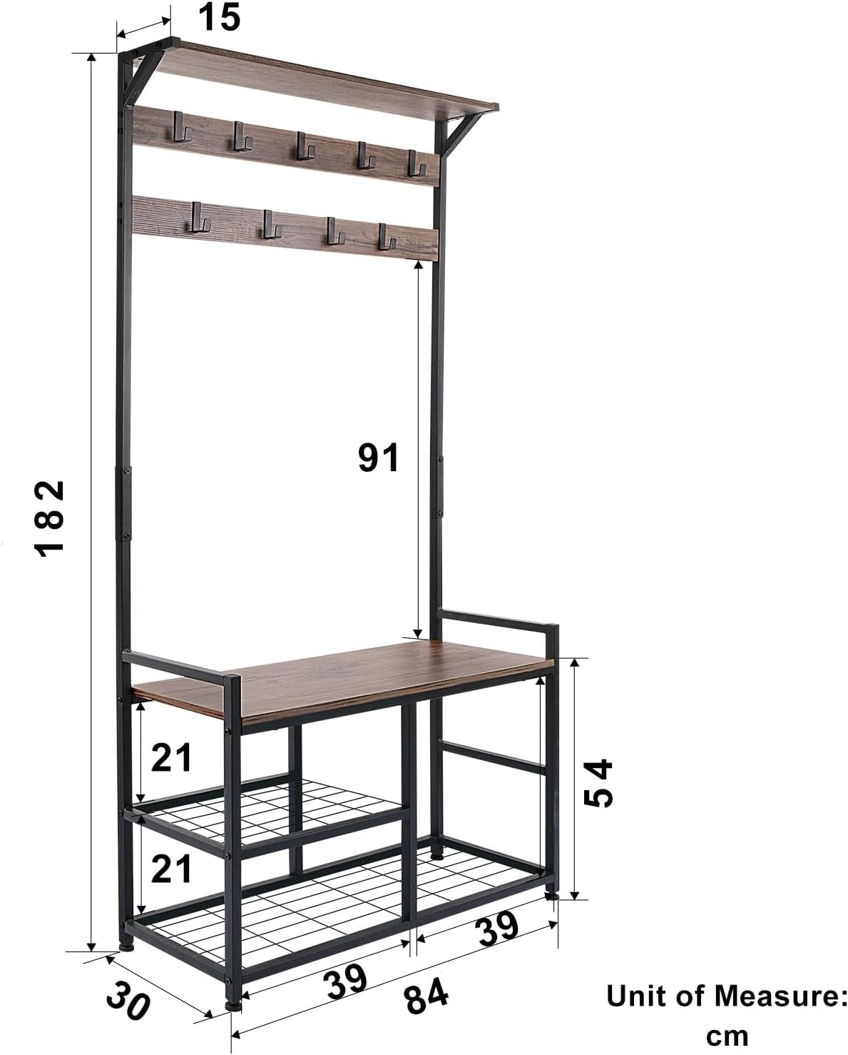 Industrial Coat Rack with Shoe Bench & 9 Hooks | Vintage Brown Hall Tree